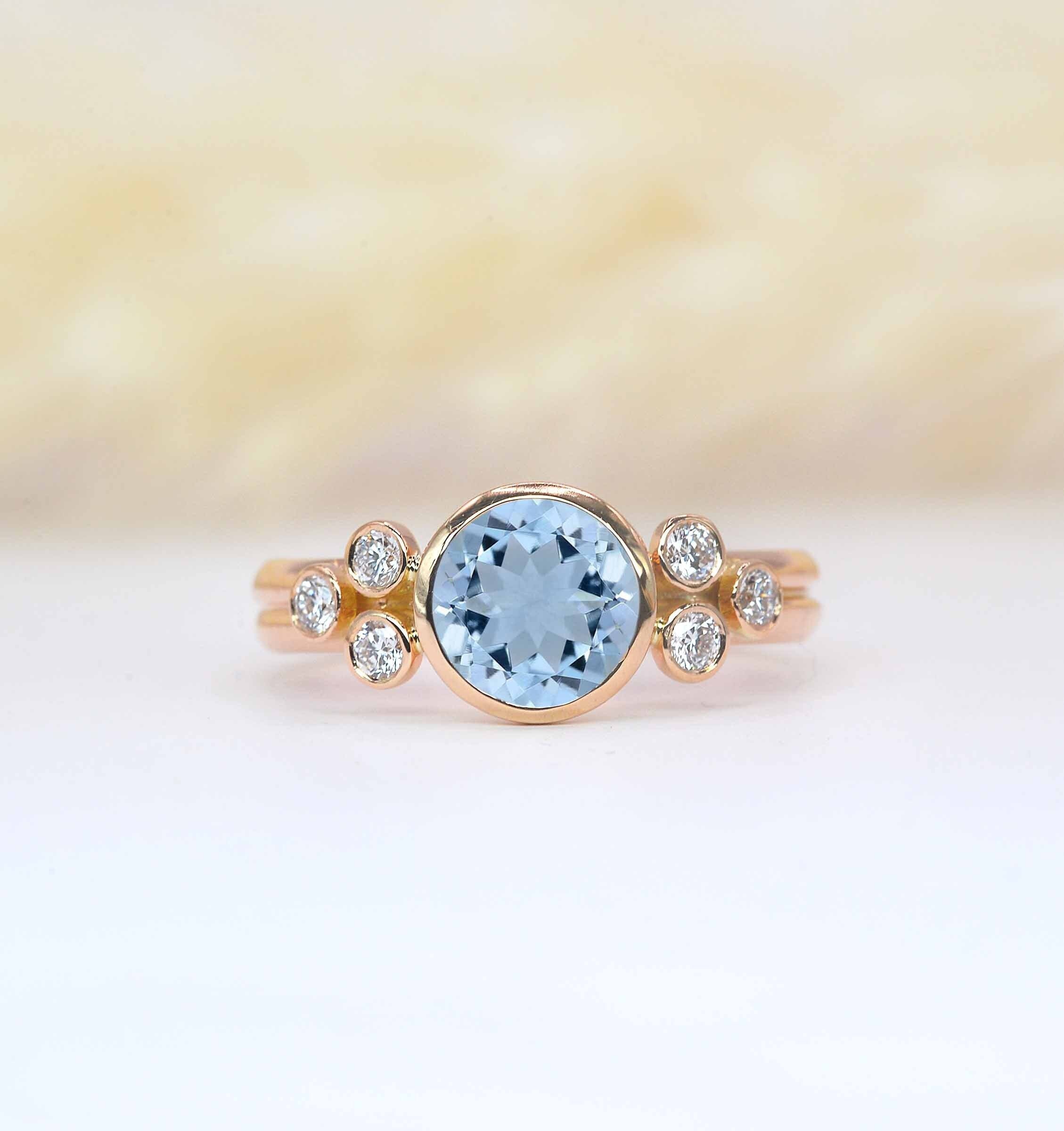 Aquamarine & Diamond Featuring Cluster Ring | Art Deco Vintage Anniversary, Engagement, Birthday Gift