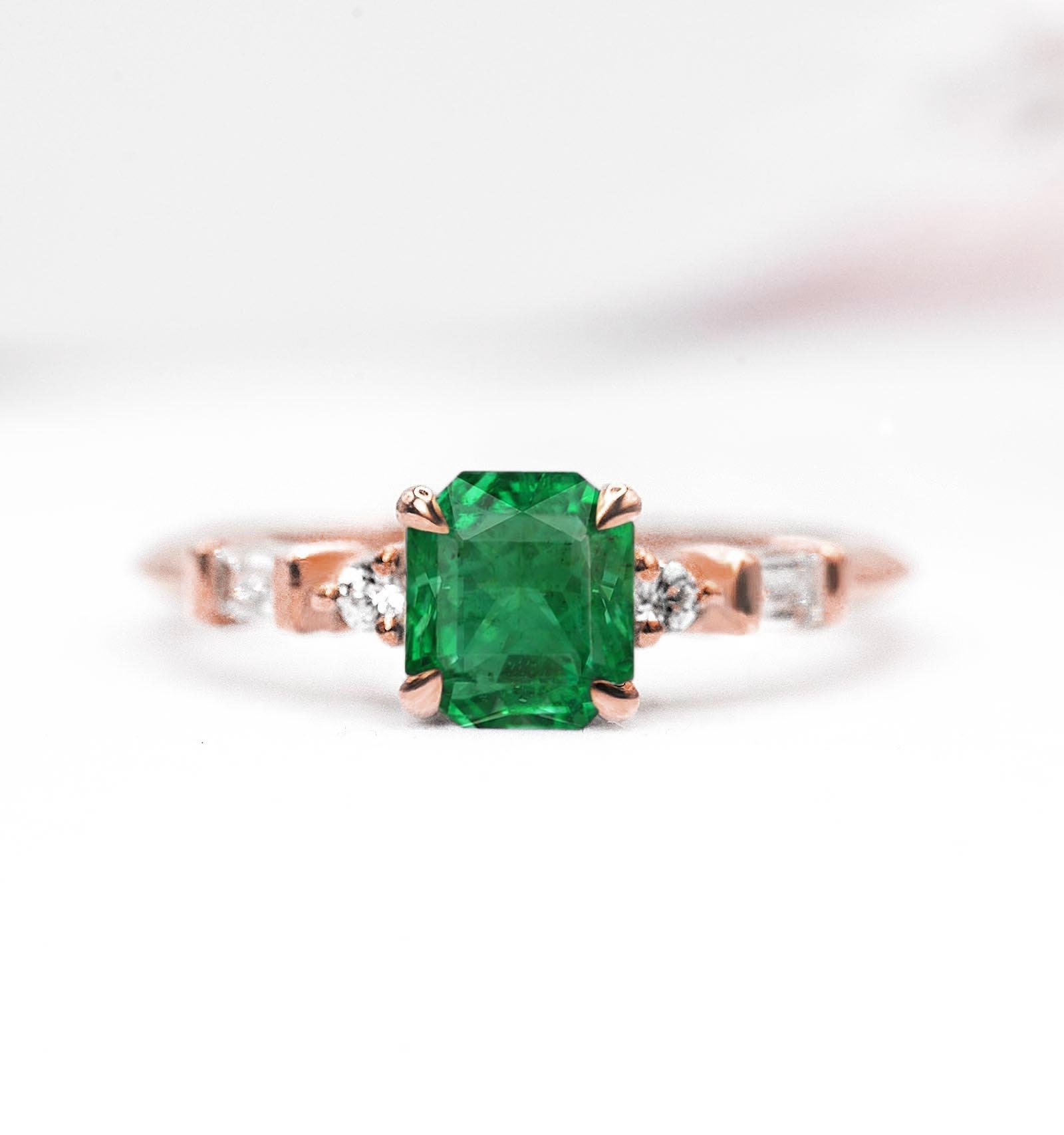 Radiant Cut Natural Emerald Featuring Engagement Ring | in Rose Gold Shape & Baguette Diamond For Her