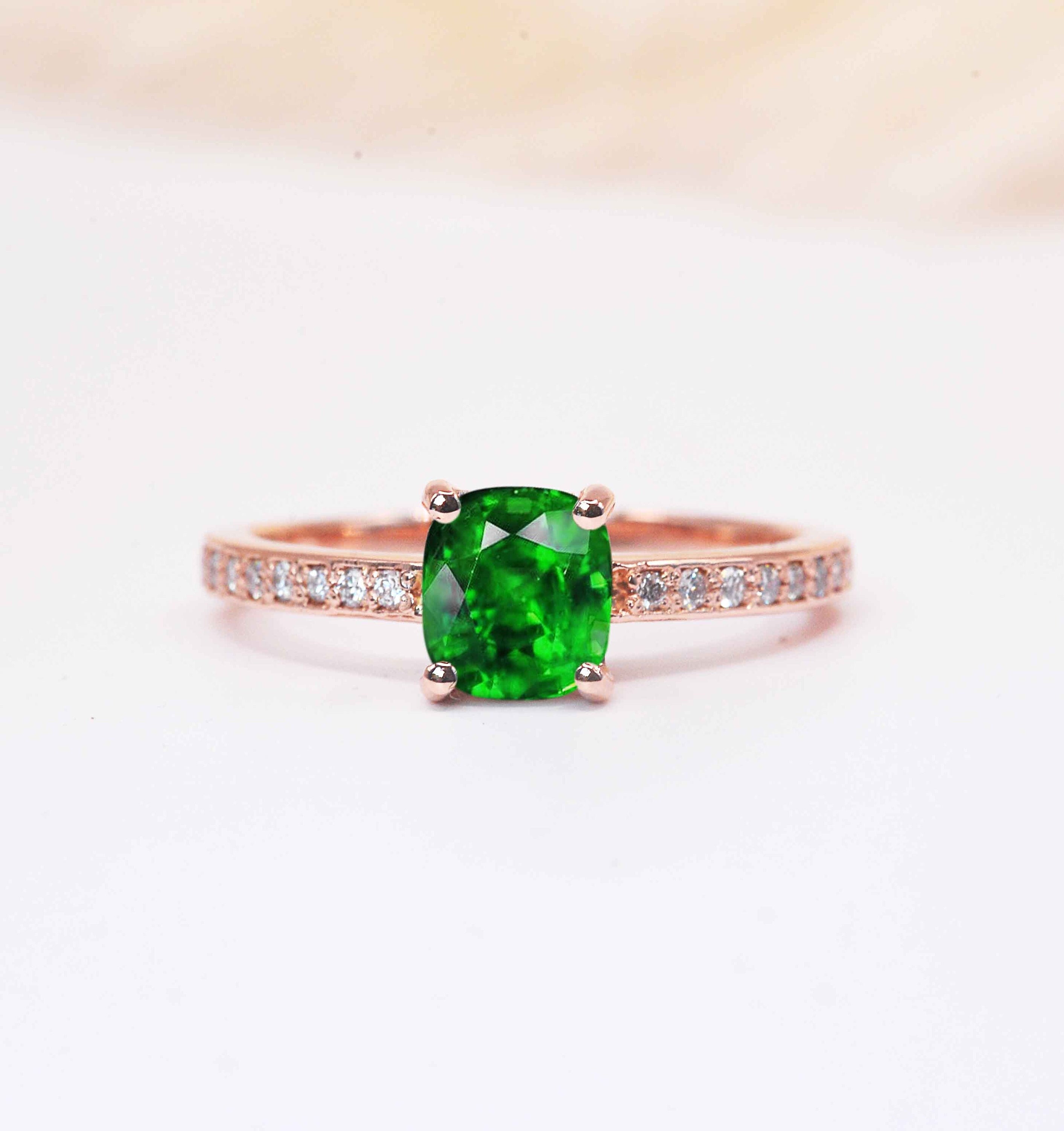 Tsavorite & Diamond Vintage Ring | 6mm Cushion Cut Tsavorite Engagement Stylish White Anniversary