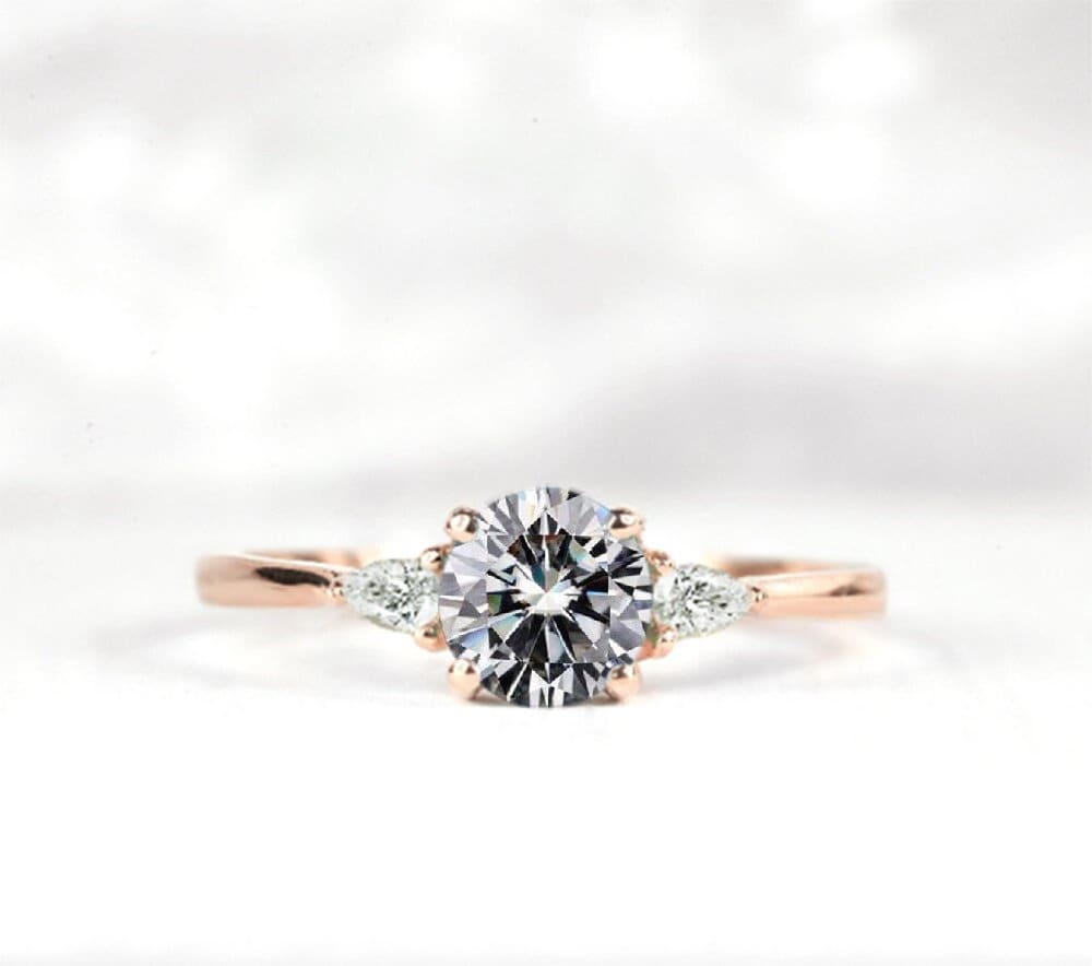 Round White Moissanite & Pear Diamond Engagement Ring | Wedding Bridal Promise Bespoke 9K/14K/18K Rose Gold For Her