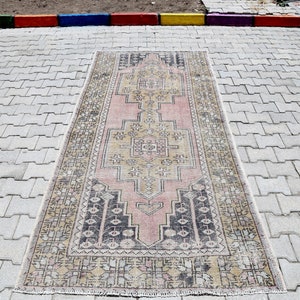 4x9 Pink Yellow Rug, Vintage Turkish Oushak Rug, Anatolian Rug, 4x9 Vintage Rug, 4x9 Turkish Rug, Faded Rug, Muted Colors, Neutral Rug 4x9