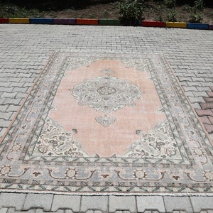 7x10 Vintage Turkish Oushak Rug, Large Faded Wool Area Rug