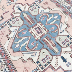 7x10 Unique Pink Turkish Rug, 7x10 Blue Vintage Rug, Handmade Area Rug, Eclectic Oushak Rug, Handwoven Floral Rug, Vintage Area Rug,Bedroom