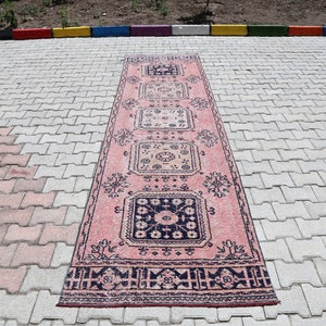 3x12 Runner Rug, Vintage Runner Rug, 3x12 Vintage Runner, Turkish Runner Rug, 3x12 Turkish Runner,Pink,Navy Blue,Kitchen,Hallway,3x12 Runner