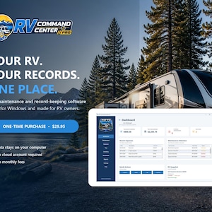 RV Command Center Pro Windows RV maintenance and record-keeping software displayed over a mountain campsite with a fifth-wheel RV. The cover highlights local data storage, no cloud account, and a $29.95 one-time purchase.