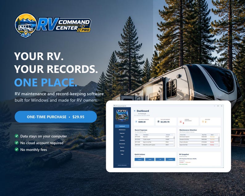 RV Command Center Pro Windows RV maintenance and record-keeping software displayed over a mountain campsite with a fifth-wheel RV. The cover highlights local data storage, no cloud account, and a $29.95 one-time purchase.