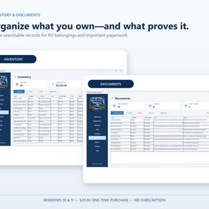 RV Command Center Pro inventory and document screens for organizing RV belongings, equipment, receipts, warranties, policies, and important records.