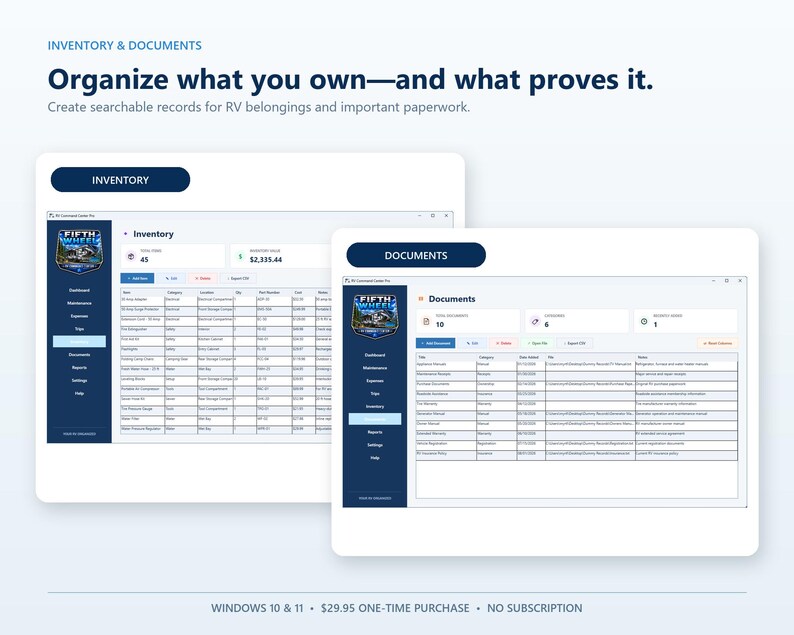 RV Command Center Pro inventory and document screens for organizing RV belongings, equipment, receipts, warranties, policies, and important records.