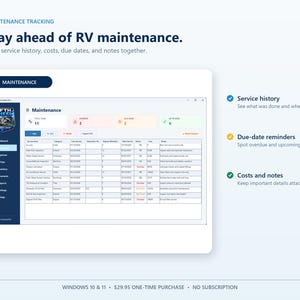 RV Command Center Pro maintenance screen showing RV service records, costs, due dates, overdue maintenance, and upcoming work.