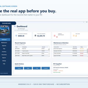 Actual RV Command Center Pro dashboard for Windows showing recent expenses, maintenance alerts, quick actions, and an overview of the owner’s RV records.