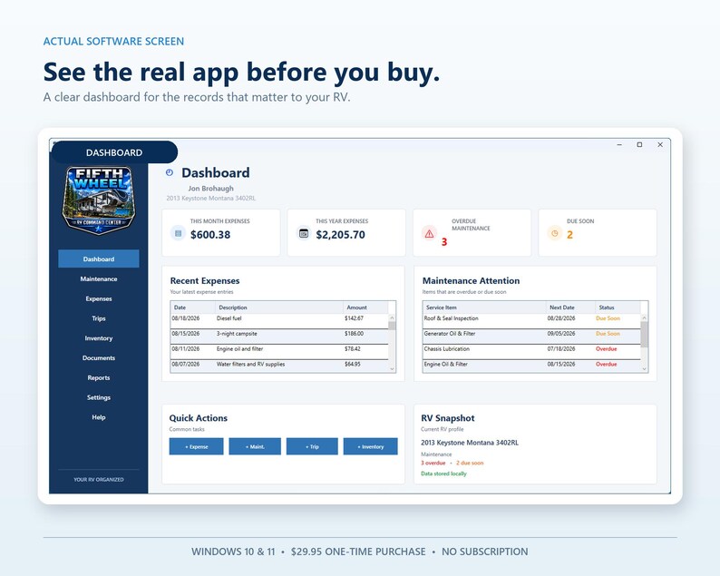 Actual RV Command Center Pro dashboard for Windows showing recent expenses, maintenance alerts, quick actions, and an overview of the owner’s RV records.