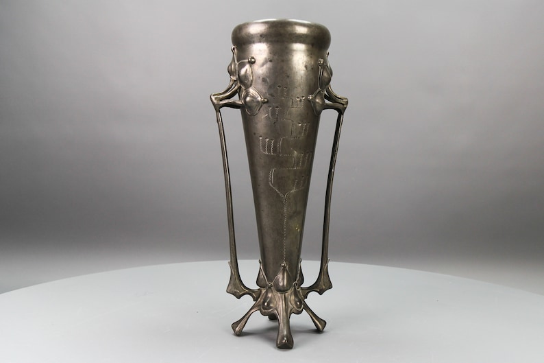 Art Nouveau Pewter Vase with Plant Motifs, Early 20th Century