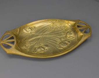 French Art Nouveau Brass Tray with Floral Motif, ca. 1920