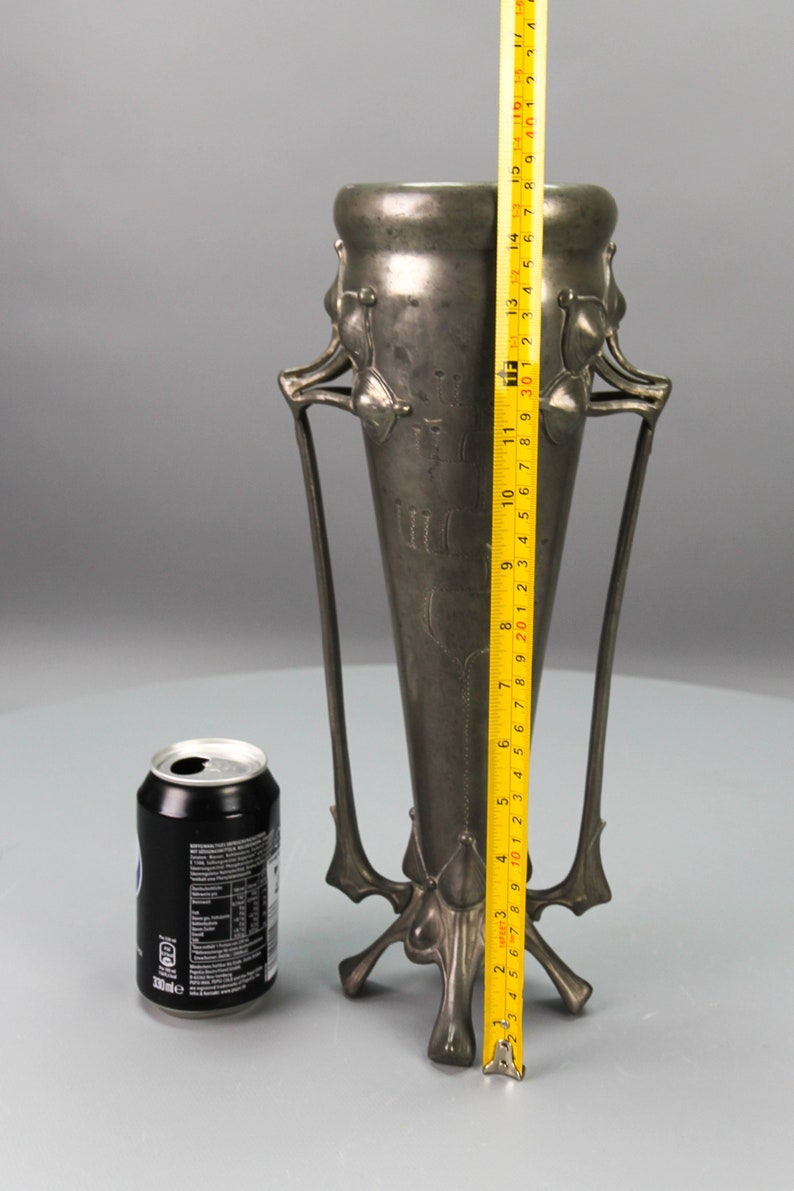 Art Nouveau Pewter Vase with Plant Motifs, Early 20th Century