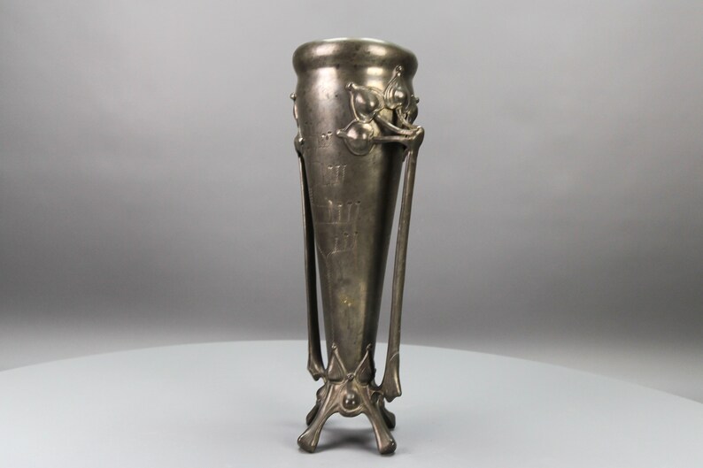 Art Nouveau Pewter Vase with Plant Motifs, Early 20th Century