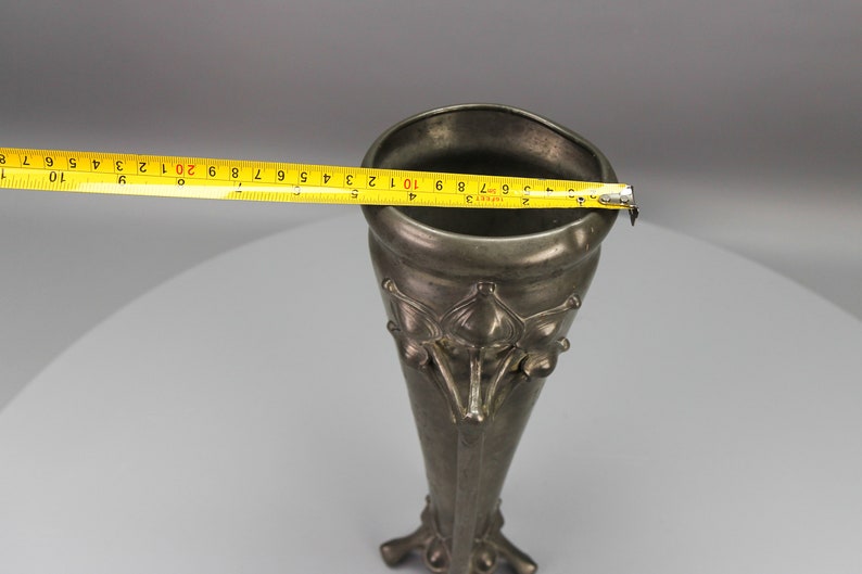 Art Nouveau Pewter Vase with Plant Motifs, Early 20th Century