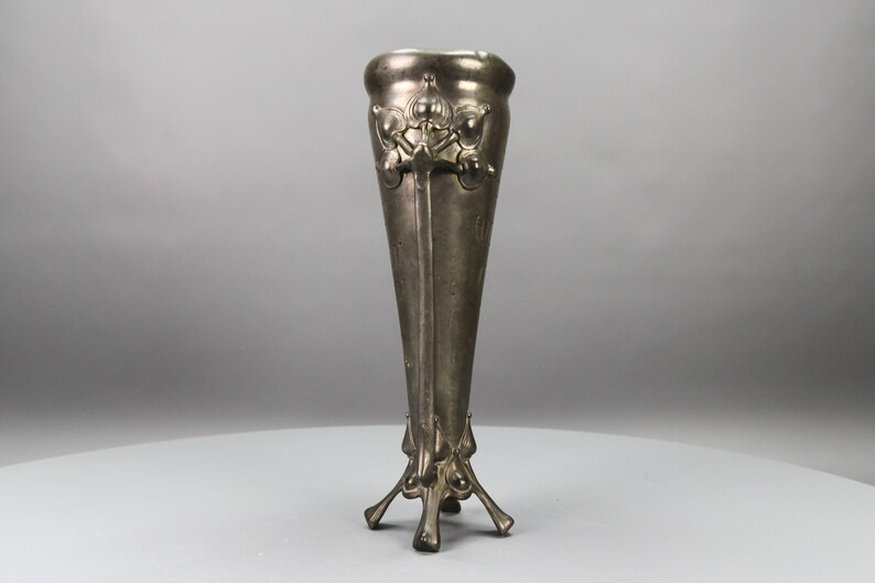 Art Nouveau Pewter Vase with Plant Motifs, Early 20th Century