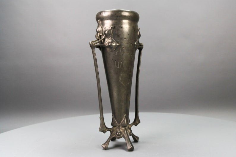 Art Nouveau Pewter Vase with Plant Motifs, Early 20th Century