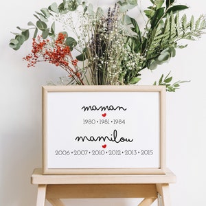 Affiche cadeau Mamie personnalisée aux dates de naissances des petits enfants