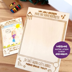 Cadeau maîtresse carte en bois à colorier, dessin enfant, versions maître atsem ou aesh disponibles