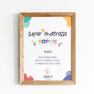 Cadeau maîtresse à personnaliser au prénom de la maîtresse et de l'enfant, affiche décorative