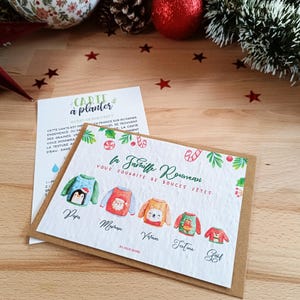Carte de voeux à planter personnalisée aux prénoms de votre famille, ambiance pull de Noël