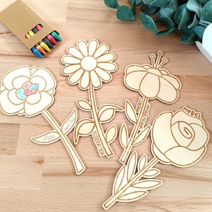 Cadeau maîtresse fleurs en bois à colorier, dessin enfant