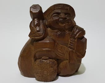 Seven Lucky Gods Daikokuten Woodcarved Goodluck Okimono, CecysAsianShop