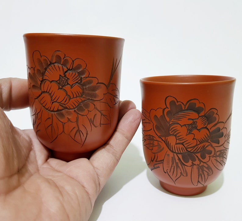 CecysAsianShop Japanese Pottery Couple Ceramic Teacups Vintage Tokonameware Floral Yunomi Teacups