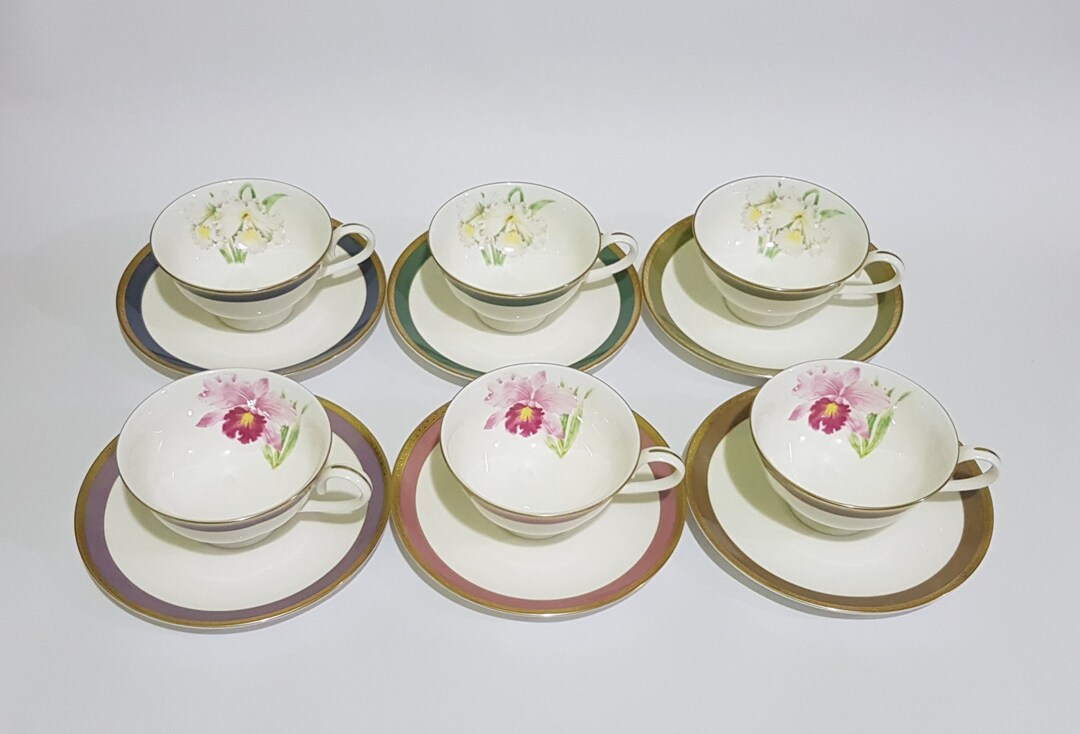 Narumi Bone China Set of Six Porcelain Floral Cups and Saucers With