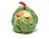 Vintage Signed Handpainted Golden Green Dragon Clay Dorei Bell, Protective Charm, Omamori, Year of the Dragon Lucky Charm Figurine