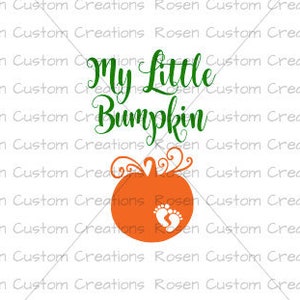May include: Orange pumpkin with green swirls and two footprints inside. The text "My Little Bumpkin" is above the pumpkin.