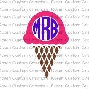 Puede incluir: Un cono de helado rosa y marrón con un monograma morado "MRB" en la parte superior.