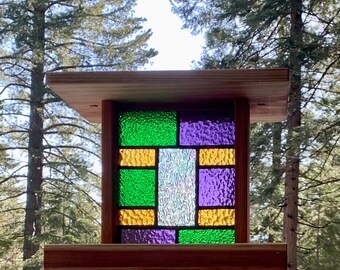 Bird Feeders, Stained Glass, Hanging Wooden Bird Feeders, Yard Art, Bird Watching, Garden Accessories, Nature Lovers, Outdoor Decorations