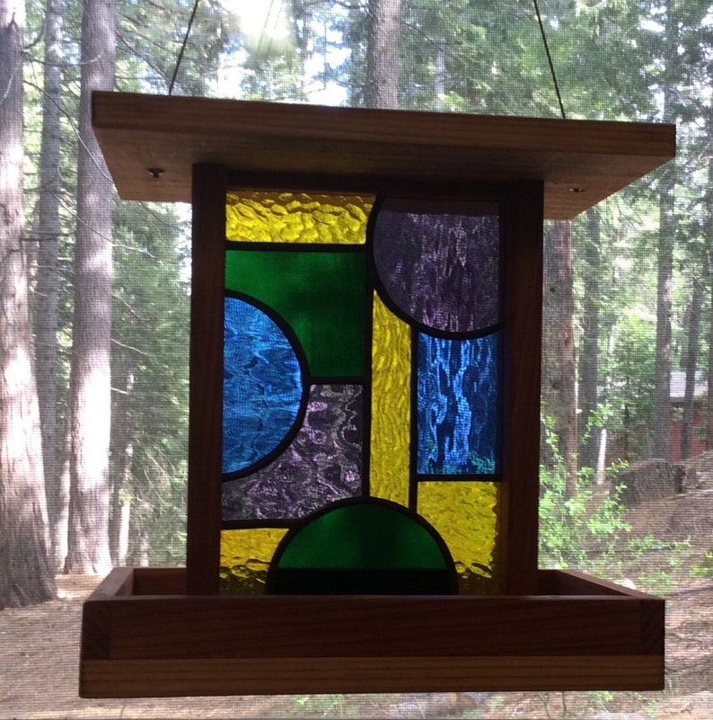 Stained Glass Bird Feeders Hanging Wooden Bird Feeders Yard Etsy