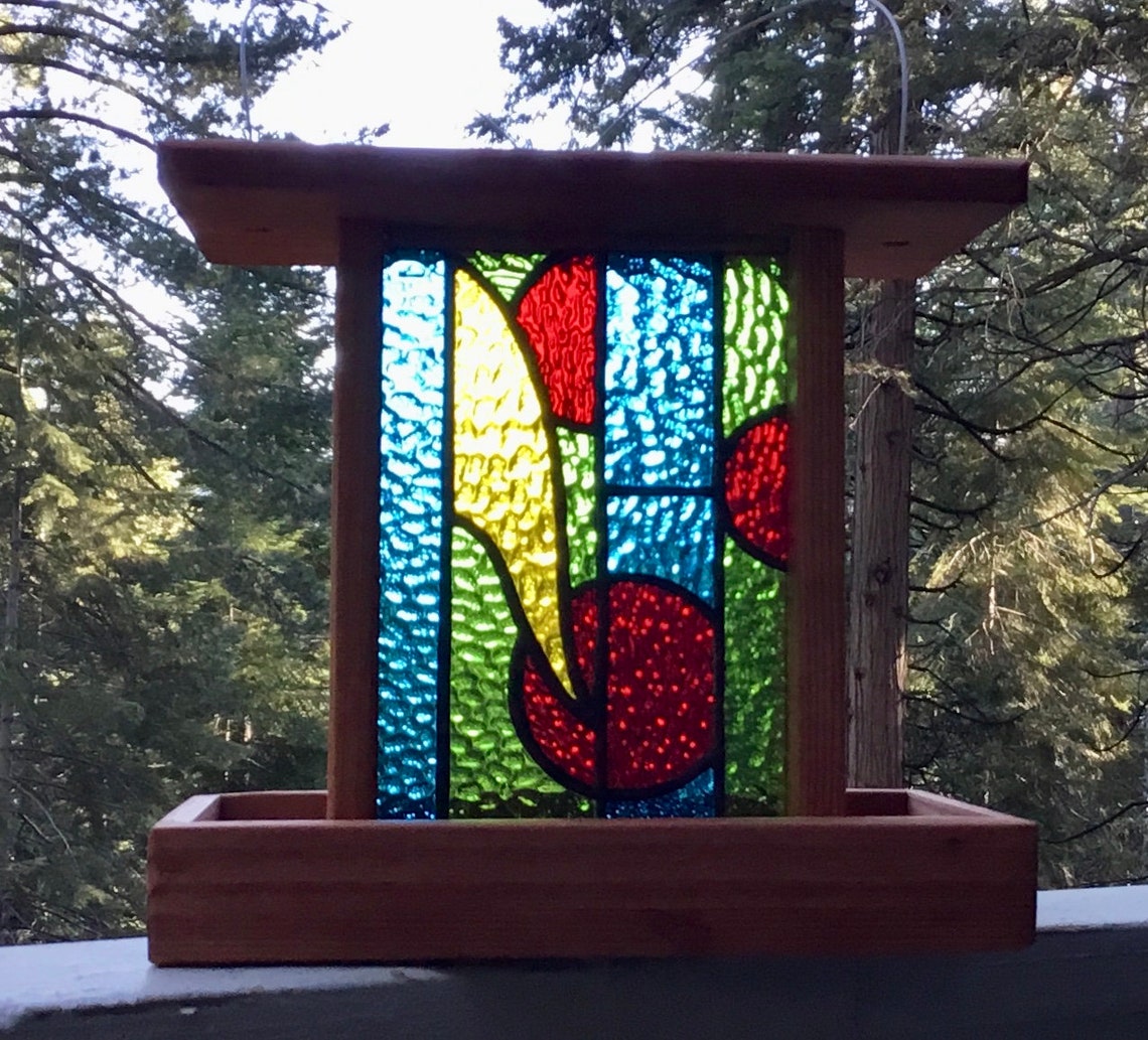 Stained Glass Bird Feeders Hanging Wooden Bird Feeders Yard Etsy