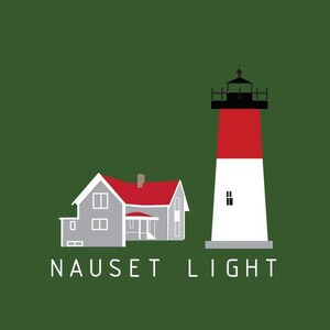 May include: A white lighthouse with a red band and a black roof stands against a green background. A smaller gray house with a red roof is to the left of the lighthouse. The text "NAUSET LIGHT" is below the lighthouse.