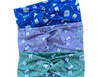 Soft & Stretchy Dental Headbands: Twisted Dental tools Print Bands, Hygienist Gift
