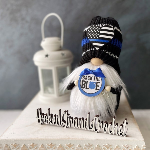 Police officer gnome, First responder gnome, Tiered tray decor, Thin blue line decor, Hero gnome, Gift idea, Knit gnome