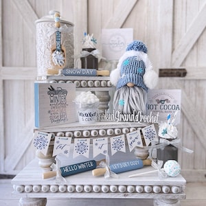 Snow Gnome with Earmuffs: Rustic Winter Tiered Tray Decor