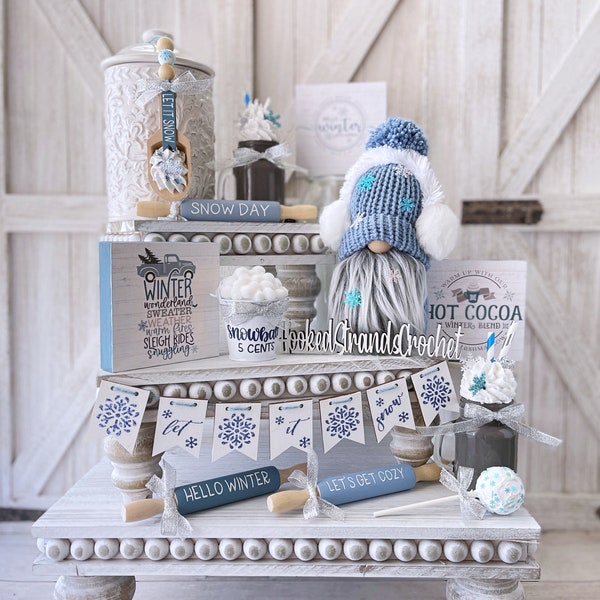 Snow gnome, Christmas gnome, Winter decor, Tiered tray decor, Farmhouse theme, Rustic decor,  Holiday decor,