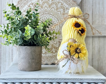 Cheerful Sunflower Gnome in Yellow Hat - Tiered Tray Decoration - Handmade Home Decor by Hooked Strands Crochet