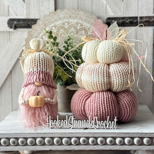 Autumn Wonderland: Pink Knit Gnome,  Pumpkin Stack for Fall Decor and Tiered Tray