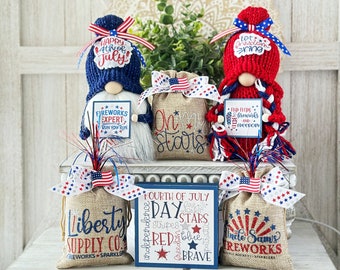 Patriotic 4th of July tiered tray decor, Boy or girl gnome, Mini decorative bags, 4 inch sign