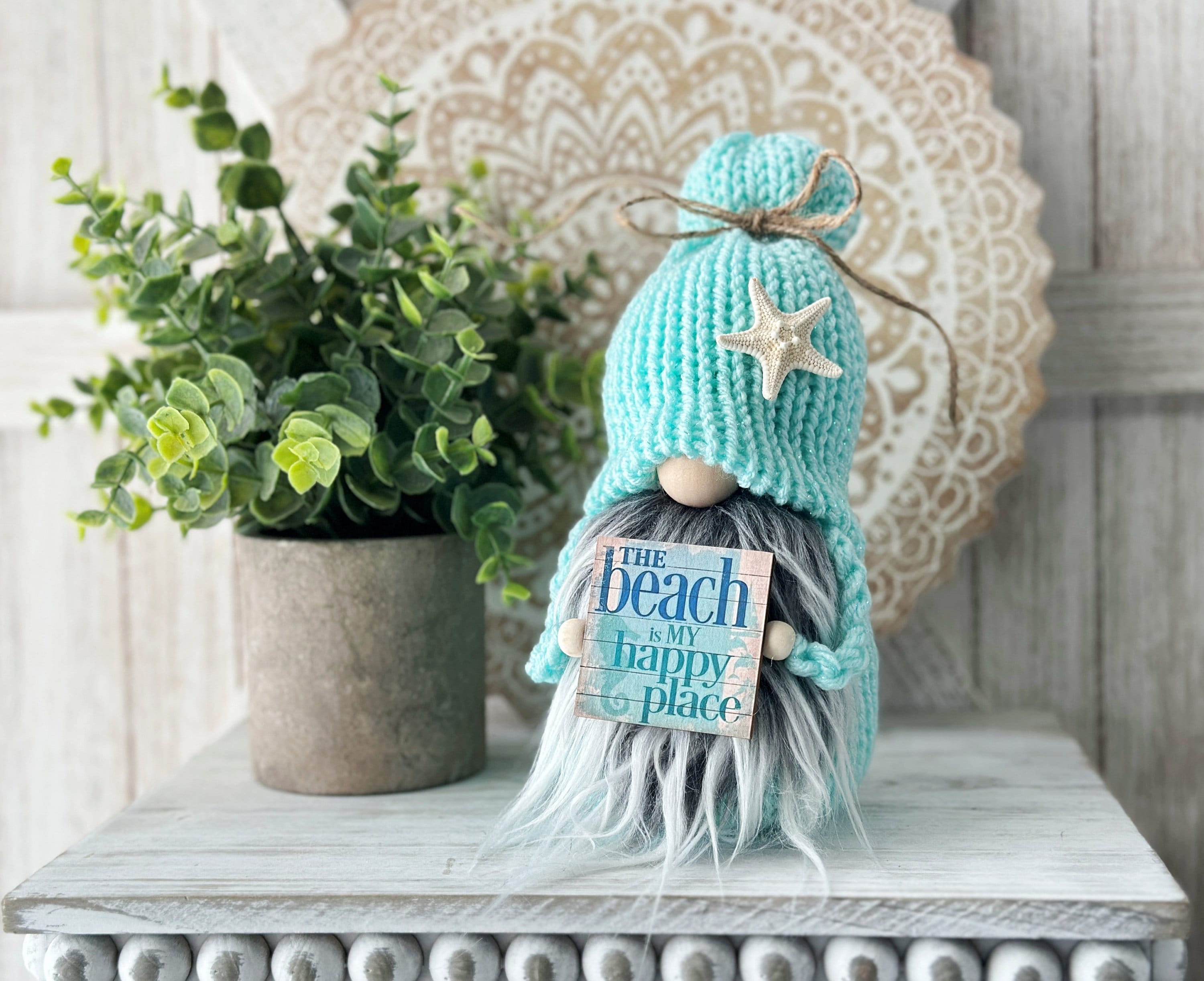 Aqua Beach Gnome: Nautical Tiered Tray Decor with Starfish
