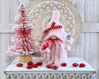 Whimsical Pink Valentine Mushroom Gnome - Delightful Tiered Tray Decor by Hooked Strands Crochet