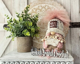 Adorable Pink Knitting Gnome: Charming Tiered Tray Decor for Knitters
