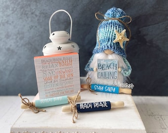 Coastal Gnome with Starfish Hat and Custom Signs for Tiered Tray - Nautical Decor