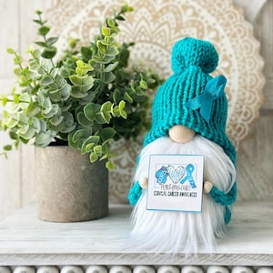 Teal Knit Awareness Gnome: Cervical & Ovarian Cancer Support