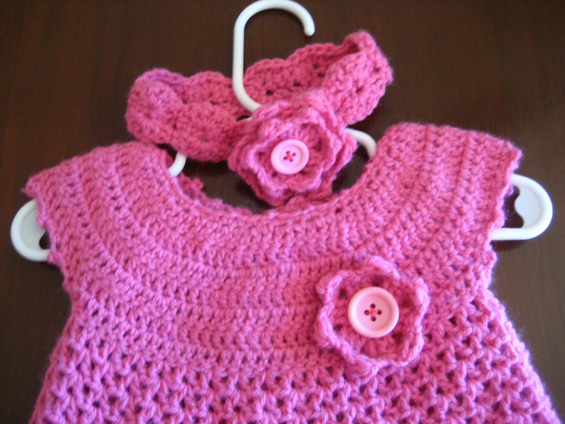 hand crocheted pink baby girl dress and headband size 3 to 6 months